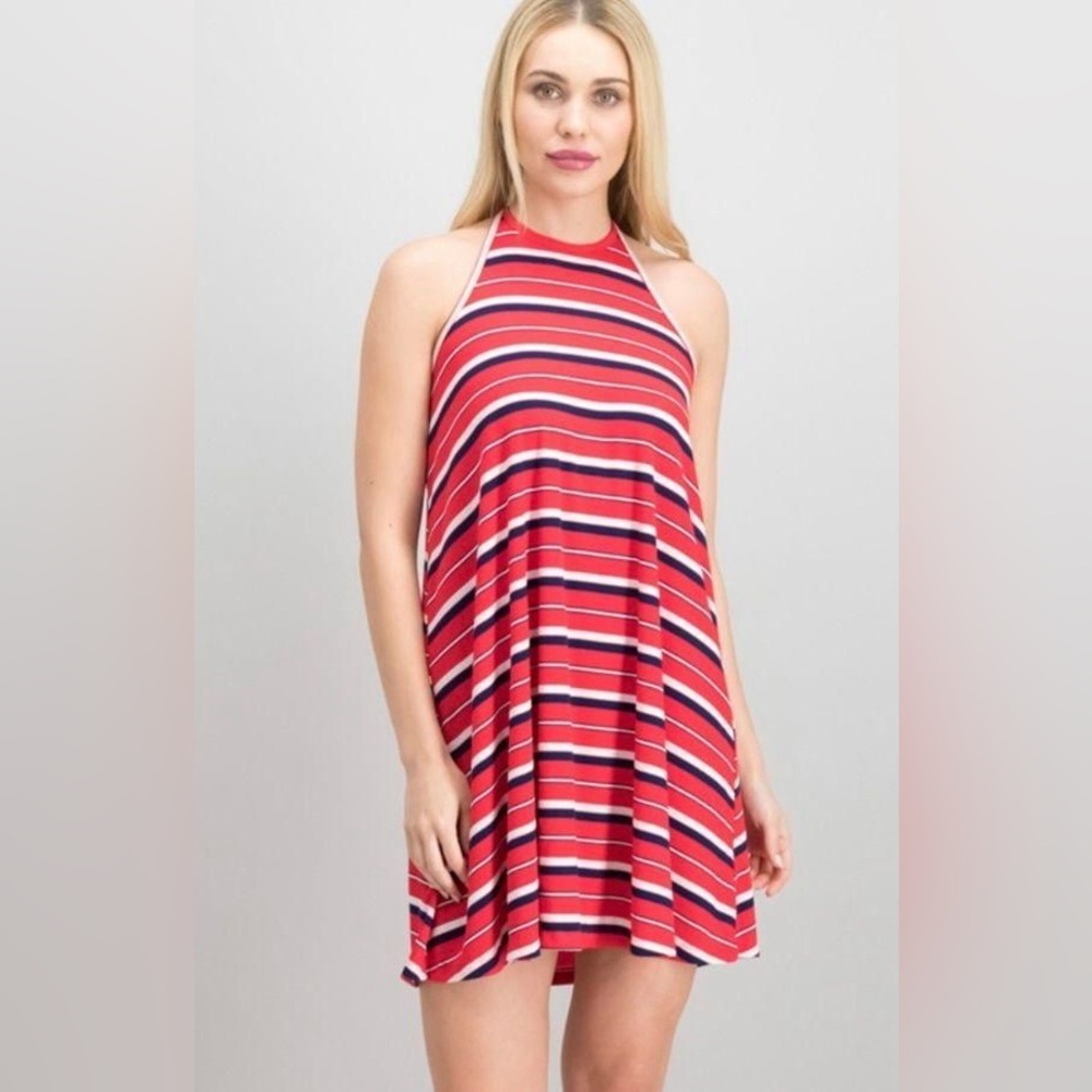 MOSSIMO SUPPLY COMPANY RED WHITE & BLUE Striped Halter Dress 4th of July size M